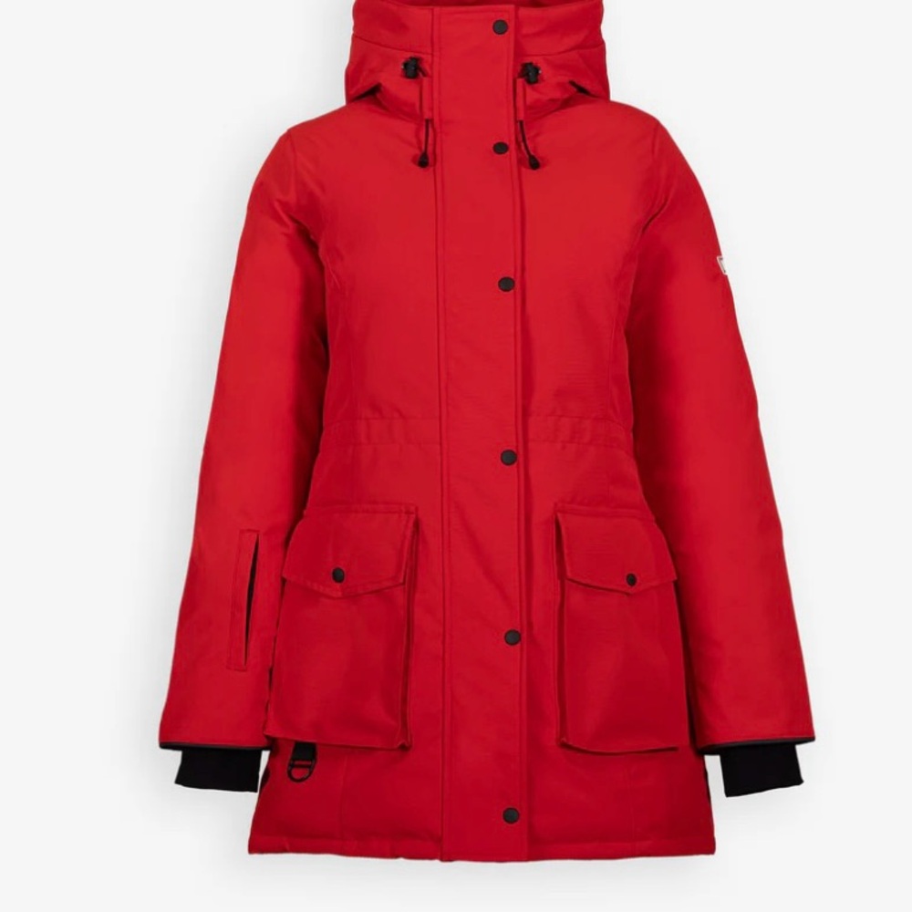 Wuxly Red Doe Parka made in Canada.  Vegan